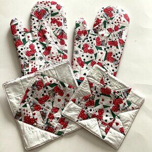 Handmade Quilted Oven Mitts & 2 Matching Pot Holders Red White Kitchen Linens